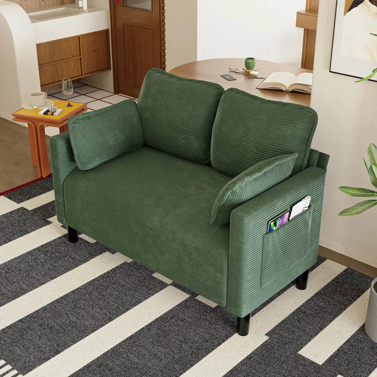 48" Cotton Soft Corduroy Loveseat Couch - Sturdy Composite Board & Solid Wood Frame, Soft Cushions, High Rebound Sponge, Side Storage Pocket, 375 lbs/Seat, 48.03x31.50x32.68 in, 24.8 in Arm Height, 52.03 lbs, Easy Assembly, Residential Use, Living Room