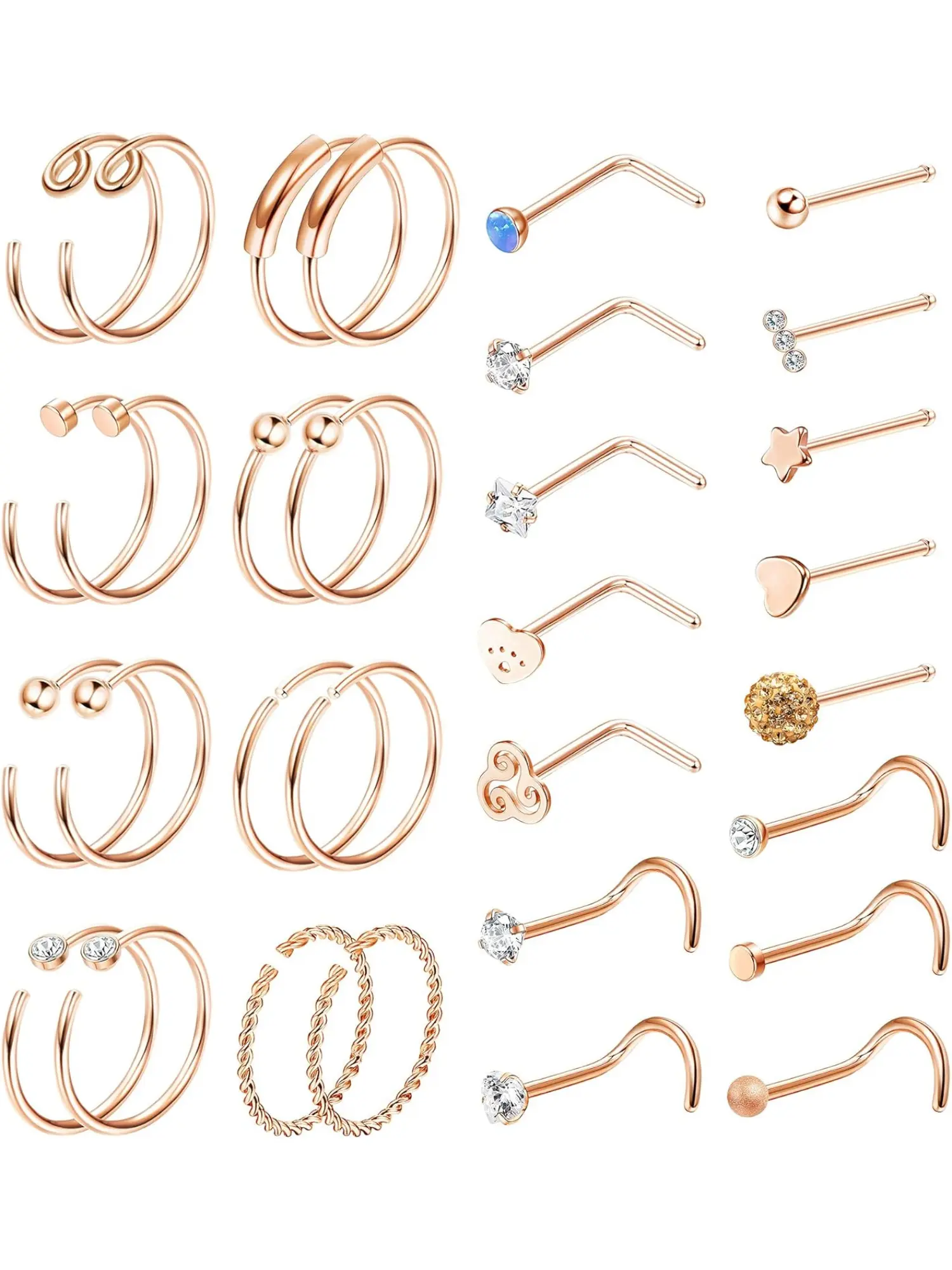 31Pcs 20G Stainless Steel Nose Rings for Women, Nose Rings Hoops, Nose Rings Set, Hoop Nose Studs, Screw L-Shaped Tragus Cartilage Nose Hoop, Labret Nose Piercing Jewelry