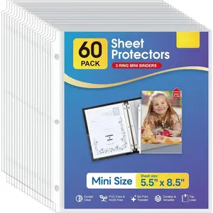 Heavyweight Sheet Protectors 5.5 x 8.5 inch, Clear Page Protector for Mini 3 Ring Binder, Plastic Sleeves for Binders, Top Loading Paper Sheets Sleeve Letter Size, Office & , 60 Pack