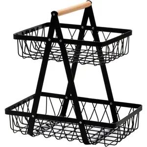 1PC Storage Basket with Handles, 2 Tier Wire Snack Organizer Bin for Office Cournertop, Rustic Black Basket for Home, Kitchen, Pantry, Fruit, Coffee, Pasta, Bathroom, Living Room, Mesh Baskets, Vegetable Basket