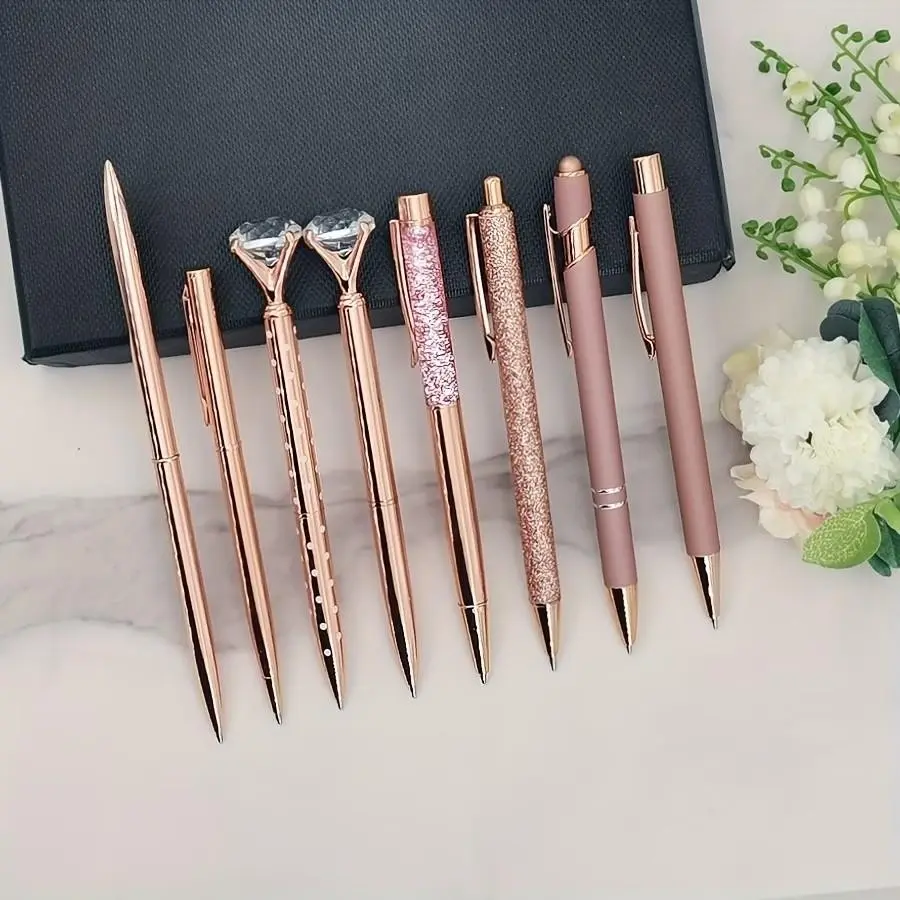 8pcs Rose Ballpoint Pen Set, Stylish Metal Pens with Crystal Accents, Perfect for Students, Office, Gifts, Weddings, School Supplies, Ballpoint Pen Kit, Aesthetic Pens, Unique Pens
