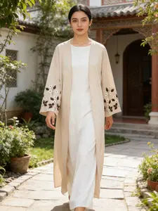 Arabian Style Floral Embroidered Robe, Beaded Cuff Details, Lightweight Summer Wear, Long Sleeve Open Front, Women's Fashion