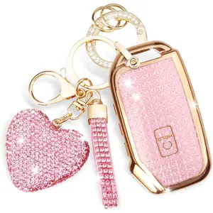 for Kia Key Fob Cover,Compatible with Kia Soul Forte Telluride K5 Seltos NIRO Sportage Sorento,5 Buttons TPU for Kia K5 Key Fob Cover with Golden Edge (A-Pink)