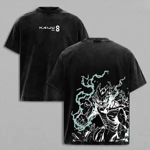 Menswear Oversized Unisex Kaiju No. 8 Kafka Hibino Graphic Tee - Shortsleeve, Double-Sided Monster Form Print, Washed Vintage Aesthetic, Chainsaw-Inspired Splatter Street Style Casual Top for Anime Fans