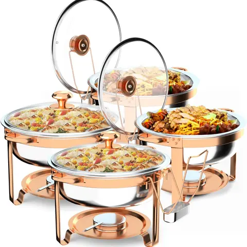 ROVSUN Chafing Dishes for Buffet 4 Pack, 6QT Round Chafing Dish Buffet Set with Glass Lid & Lid Holder, Stainless Steel Chafers and Buffet Warmers Sets for Party Wedding Catering Events