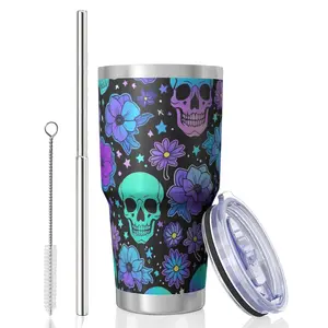 Skull 30 Oz Lce King Cup, Stainless Steel Top Bottom KeepsHot Cold Odor Free Slide Open Lid Flip Lid Suitable ForHome Office Outdoors Sports, Can Be Consumed DirectlyOr Used with a Straw, Skull Design I Stainless Steel Mug ,F_00026