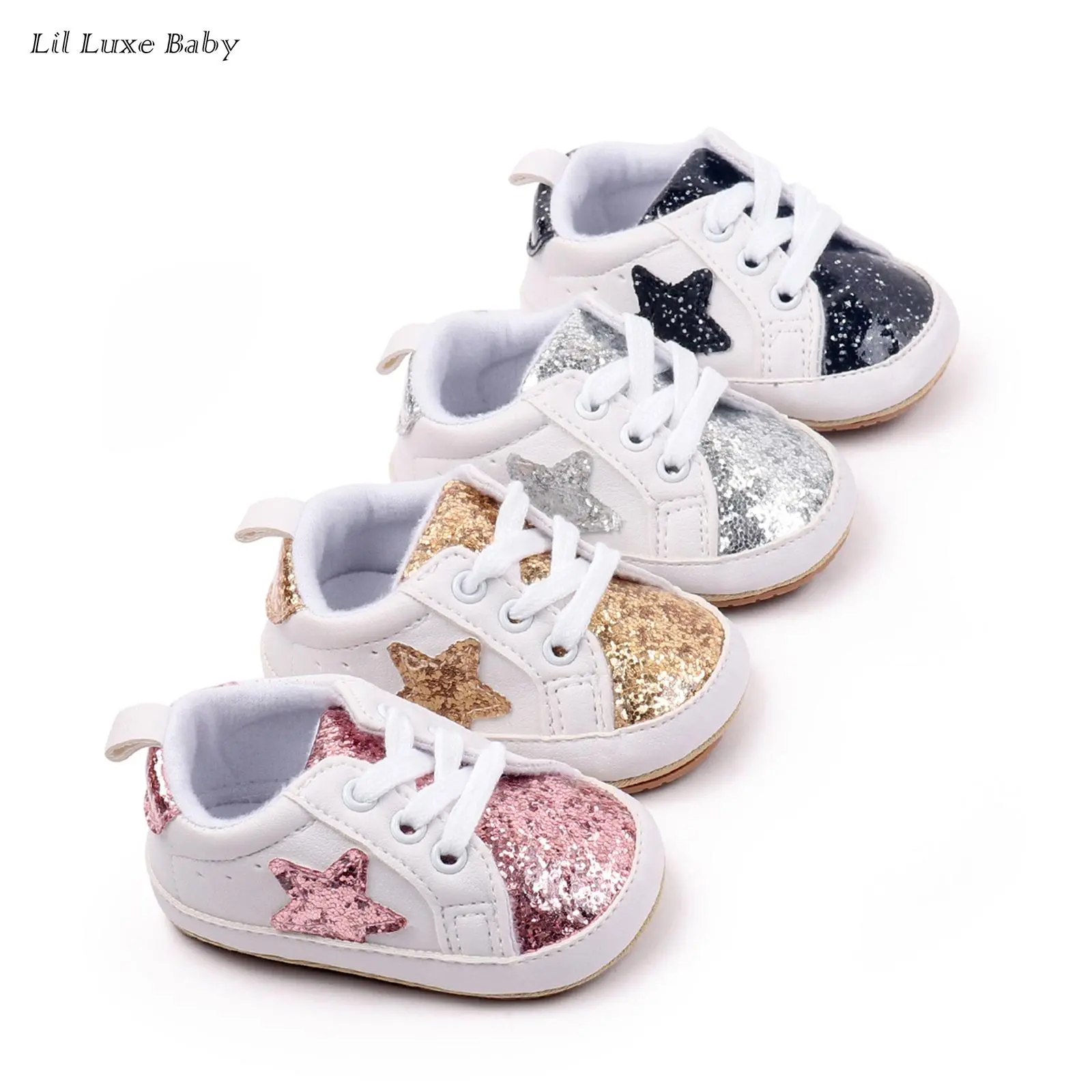 Cute and stylish sparkly star baby walking shoes for boys and girls - soft-soled, non-slip, lace-up design (rose gold/gold/silver/black) antislip