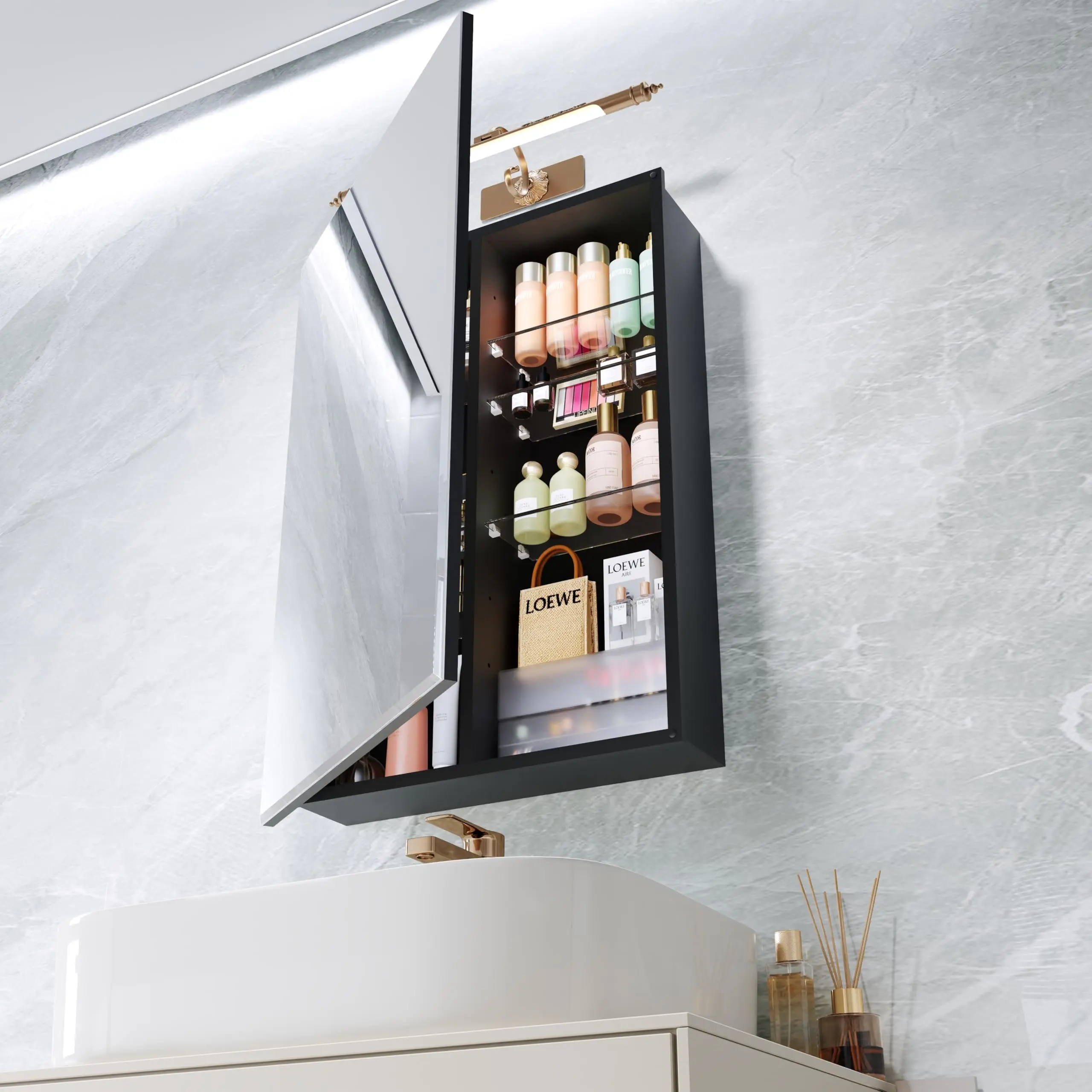 Recessed Medicine Cabinet for Bathroom with Mirror: Modern Frameless Wall Mount Mirrored Vanity Chest - 20 x 30 inch Large Storage Cabinet with Adjustable Shelves wine  cabinet