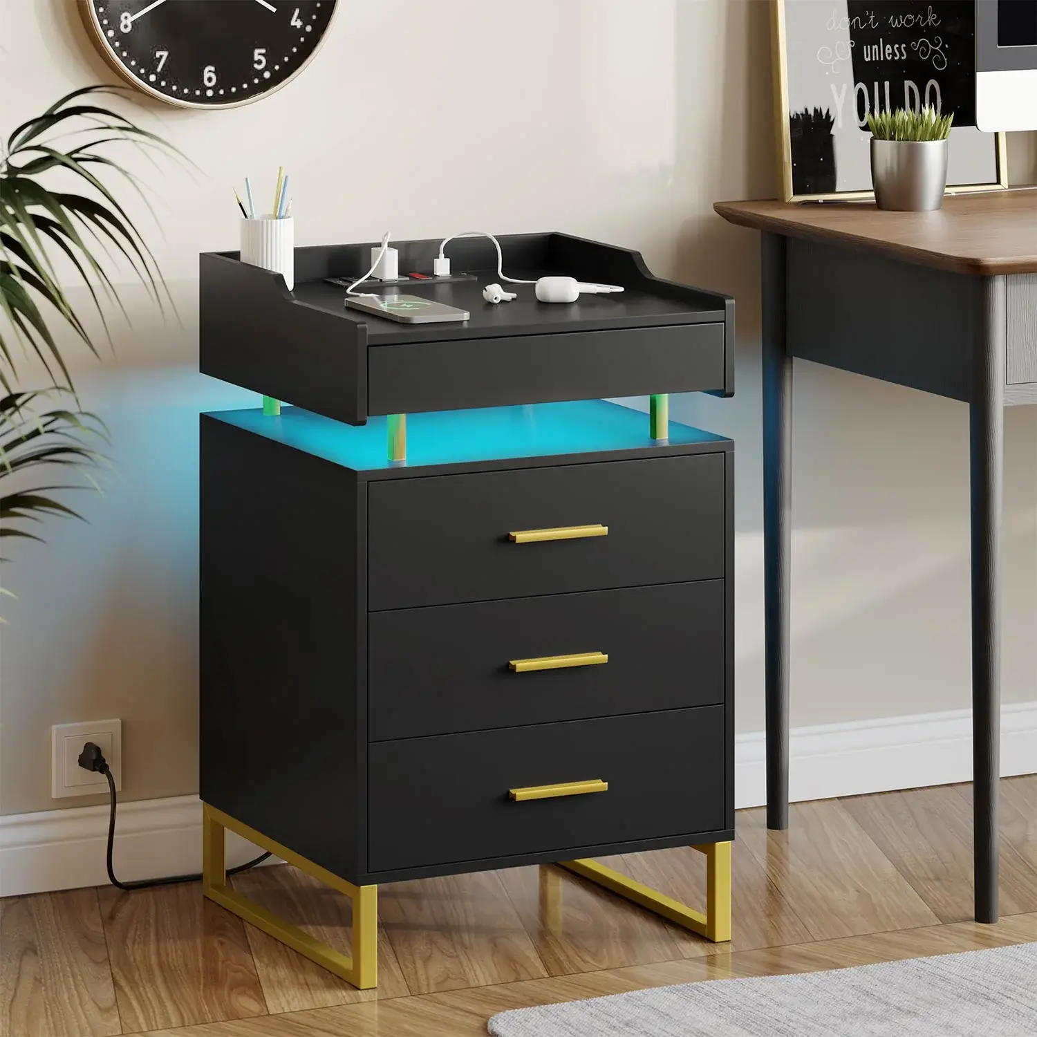 SIKAIC Modern Black Bedside Cabinet - Built-in LED Lights, 3-Drawer System Bedroom Furniture, Modern Bedroom Nightstand Table for Indoor Use