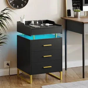 LED Nightstand with 3 Storage Drawers Black