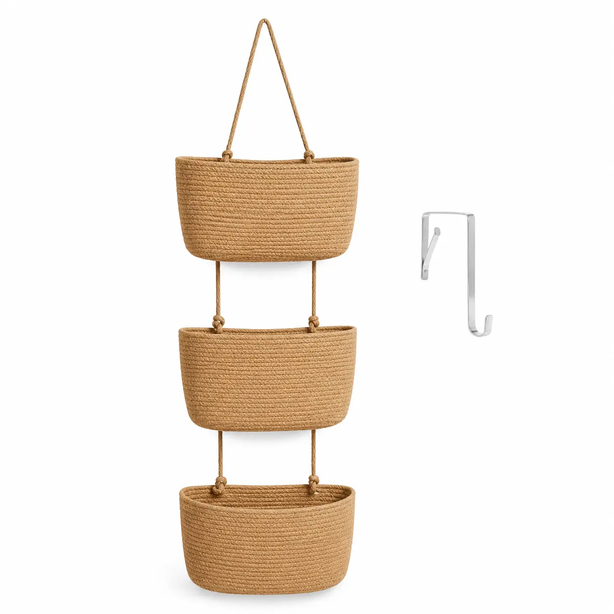 Decorative 3-Tier hanging organizer bag, natural rattan over the door basket – large woven cotton wall-mounted storage, nursery & fall room decor, suitable for renters maximizing space plant hangable laundry basket house organizers,camping essentials, Ove