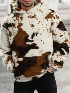 Unisex Cowhide Fleece Hoodie, Fashion Streetwear Hip Hop Casual Wear, Cartoon Pattern Loose Fit, Fall & Winter Moderate Fabric, Fuzzy Hoodie, Casual Print Hoodie, Casual Hooded Sweatshirt