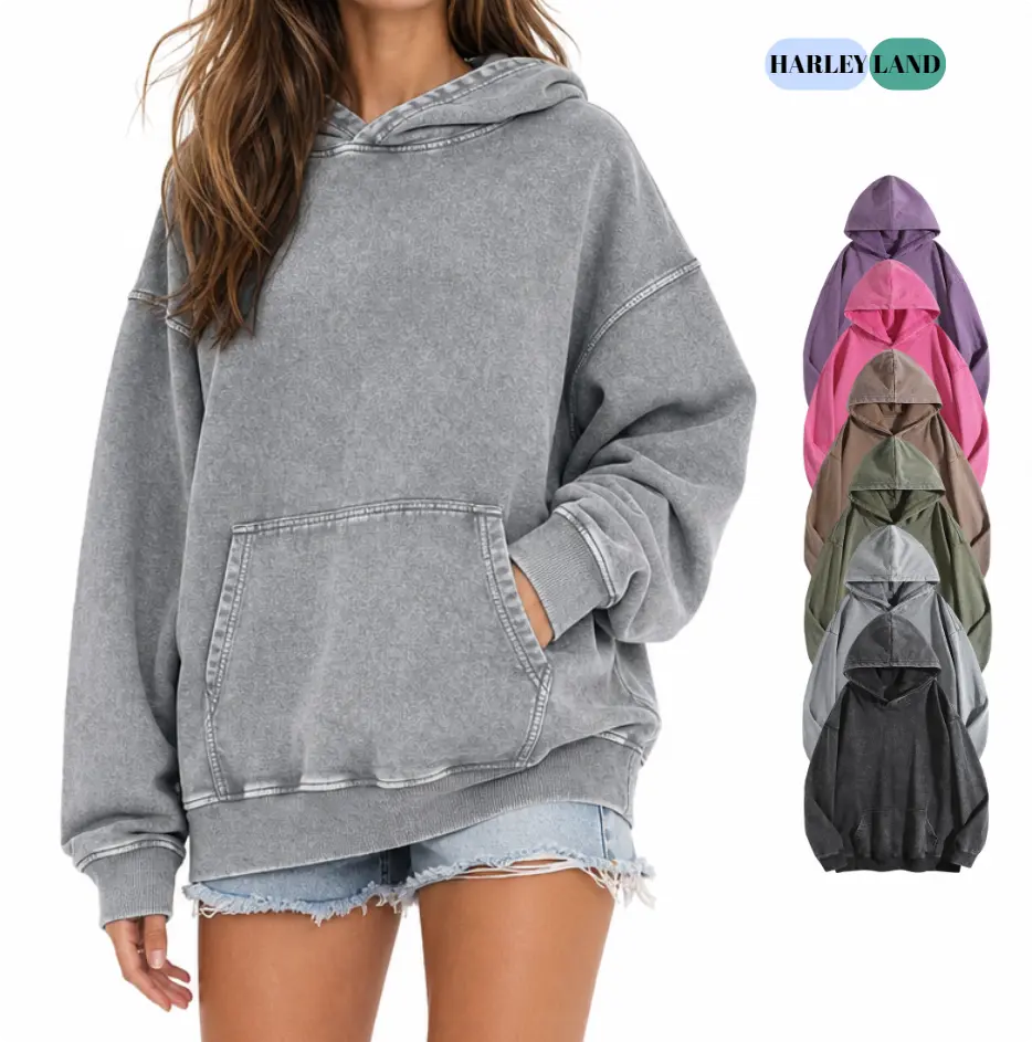 Harleyland Women's Vintage Acid Wash Cotton-Blend Hoodie - Oversized Casual Pullover, Loose-Fit Long-Sleeve Streetwear Top, Comfortable Polyester-Infused Chic Sweatshirt, Hoodies for Women
