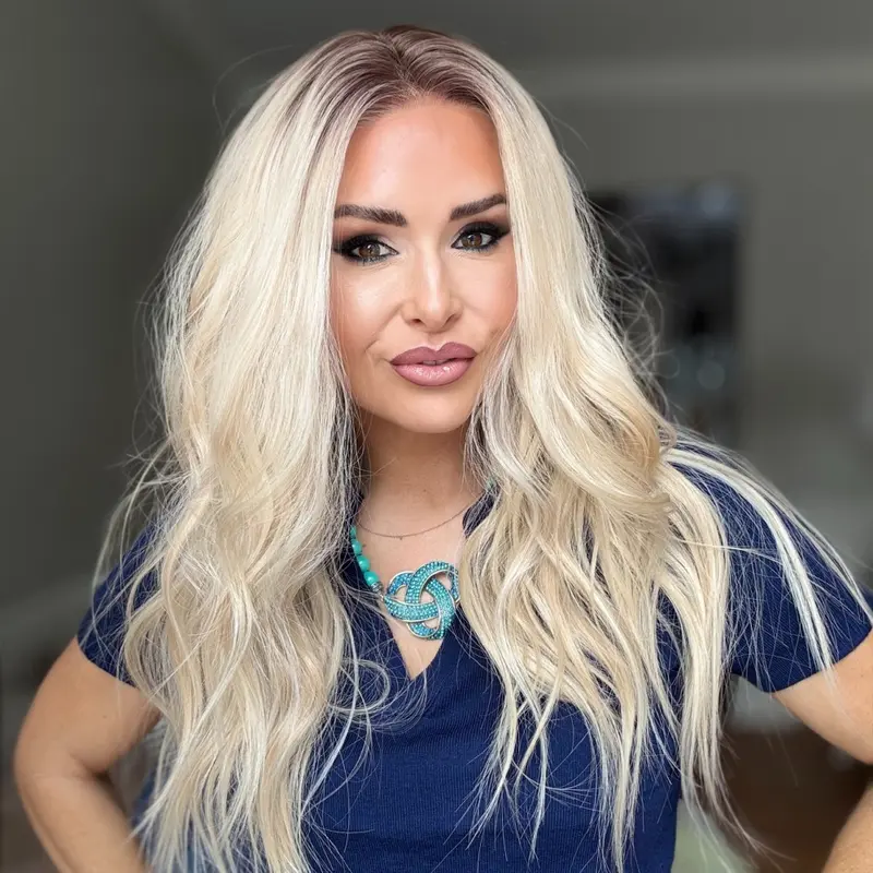 AISOM Selina Soft Linen Blonde Body Wave Free Part Synthetic Lace Front Wig with Scandinavian Hairline Low Density Long Wave 22 inches Highlight Blonde Glueless Wig