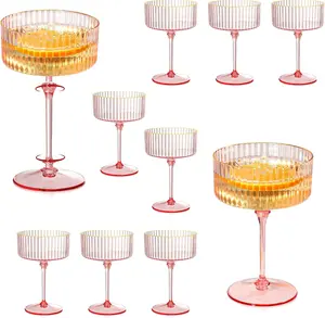 12 count Detachable Martini Glasses 10oz Plasitc Pink Ribbed Coupe Glasses  Rim With Pink Stem   Glassware Set  Martini Glass For Champagne  Wedding Anniversary Bar