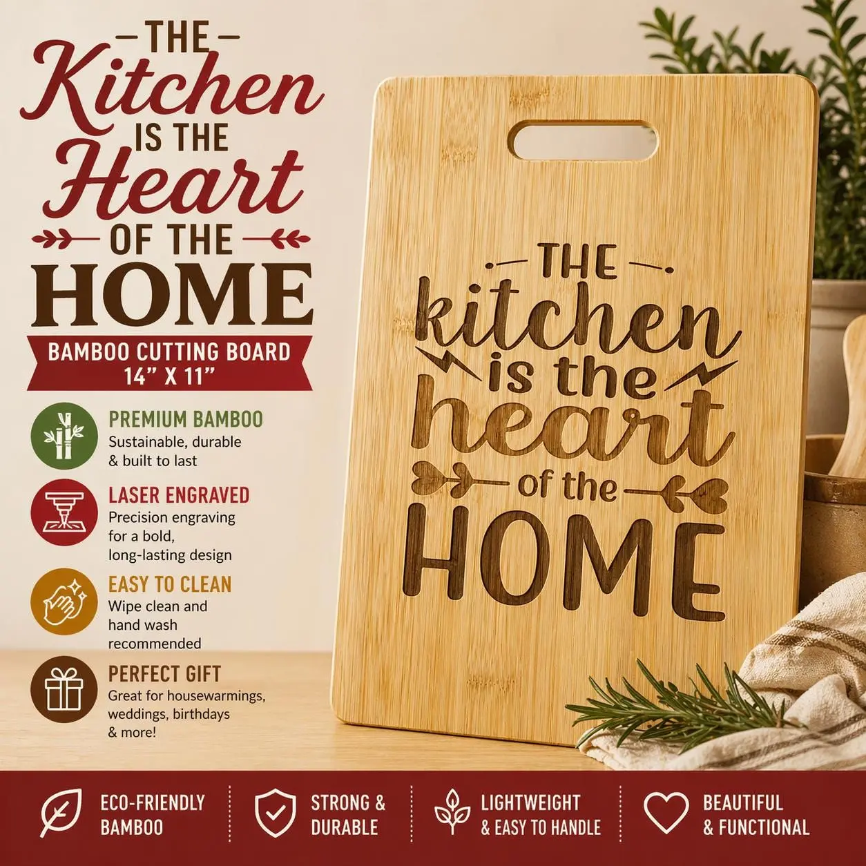 Custom 14" x 11" Bamboo Cutting Board | Engraved Kitchen Gift | Wedding or Housewarming Gift