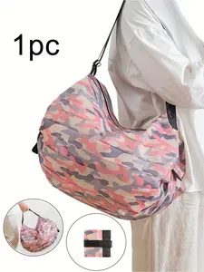 Leopard Camouflage Reusable Shopping Bag, Foldable Handle Grocery Storage Bag, Waterproof Oxford Fabric, Large Capacity, Zipper Closure