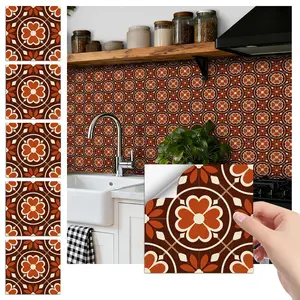 24PCS/Box FHZ Classic Art Tile Pattern | Brown-Orange Four-Leaf Flower Retro Patchwork Wall Stickers | PET Matte Peel & Stick | Waterproof Oil-Proof for Bedroom School Office Kitchen Bathroom