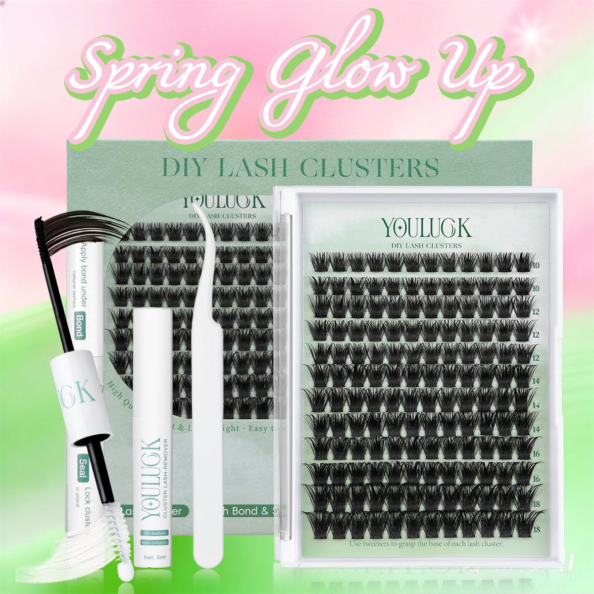 YOULUCK DIY Lash Clusters Kit - Soft Fluffy Long-Lasting Lashes with Glue Remover & Tweezer for Beginners Easy At-Home A