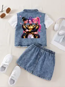 3-Piece Cartoon Print Short Sleeve T-Shirt Clothing Set with Denim Vest & Shorts, Casual Daily Wear for Girls Ages 8 and Below