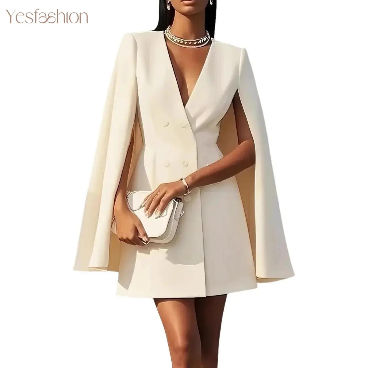 Women’s 100% Polyester Double-Breasted Buttoned-Front Cape Sleeve V-Neck Solid Color Midi Blazer Dress, Corporate Office Wear, Office Outfits Women for Work Commute LXX