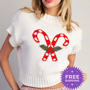 Christmas Candy Cane Short Sleeve Sweater - Trending now - Womensclothing - Top selling t shirts - Holiday crop top