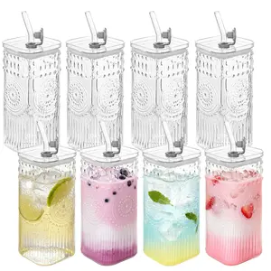 8 Packs Vintage Glass Tumbler with Lid and Straw 13 oz Cute Ice Coffee Cup Set for Smoothie Juice Matcha Tea Latte Cappuccino Espresso Hot Coffe Water Reusable Clear Travel Boba Aesthetic Drinking Mug