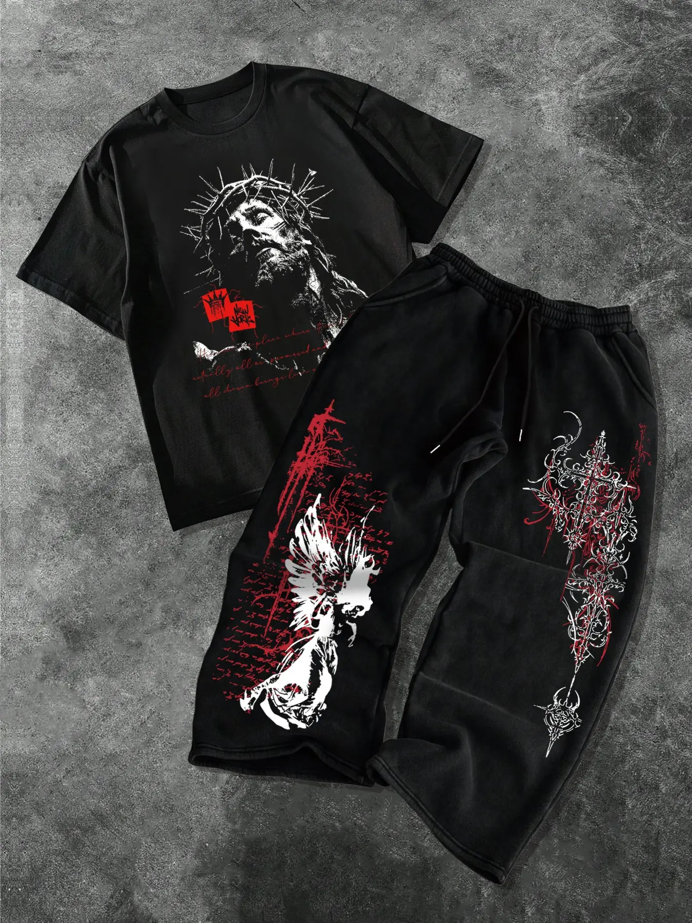Men's Fashion Casual Classic Two-Piece Set, Soft Comfortable Jesus & Angel Wings Print Round Neck T-Shirt and Drawstring Wide Leg Pants
