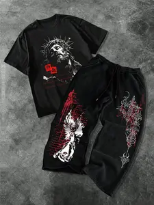 Men's Fashion Casual Two-Piece Set, Soft Comfortable Jesus & Angel Wings Print Round Neck T-Shirt and Drawstring Wide Leg Pants