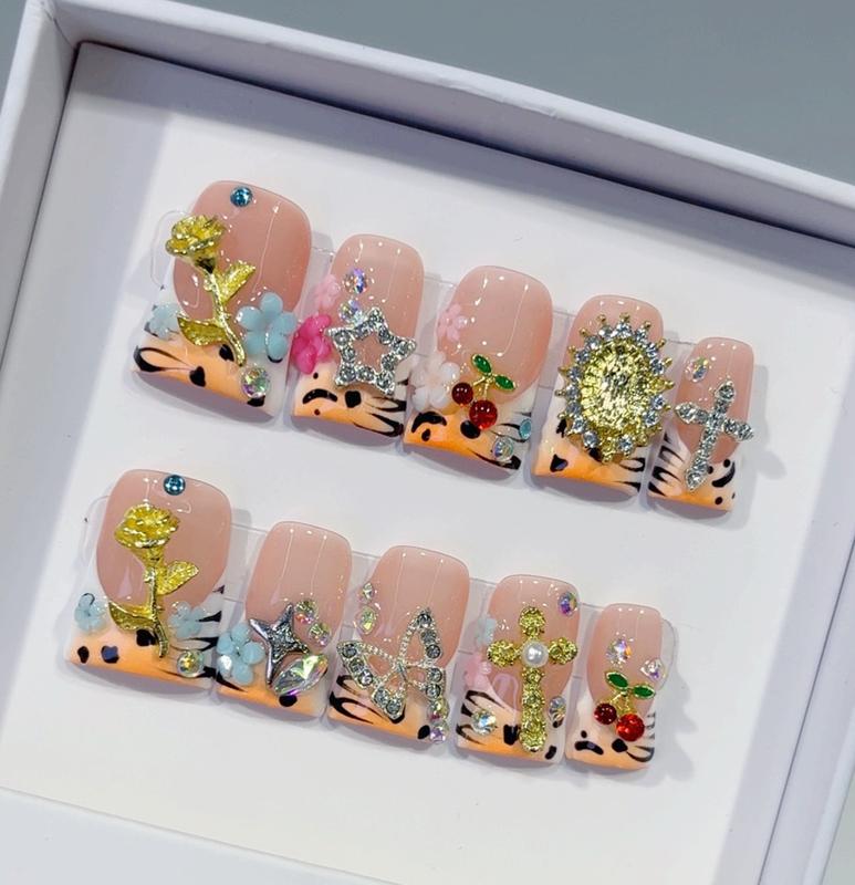 NAILROSY 10Pcs Handmade Press On Nails Short Duck Multicolor Acrylic Nail Supplies 3D Floral Manicure Y2K Cute Reusable for Girls Women Festivals Parties Gift Box Included Designs