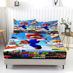 Super Mario Bros Movie Print Fitted Sheet Set, Includes 2 Pillowcases, Breathable Comfortable Wear-Resistant, Classic Game Design Gifts for Fans Esports Room Theme Decor