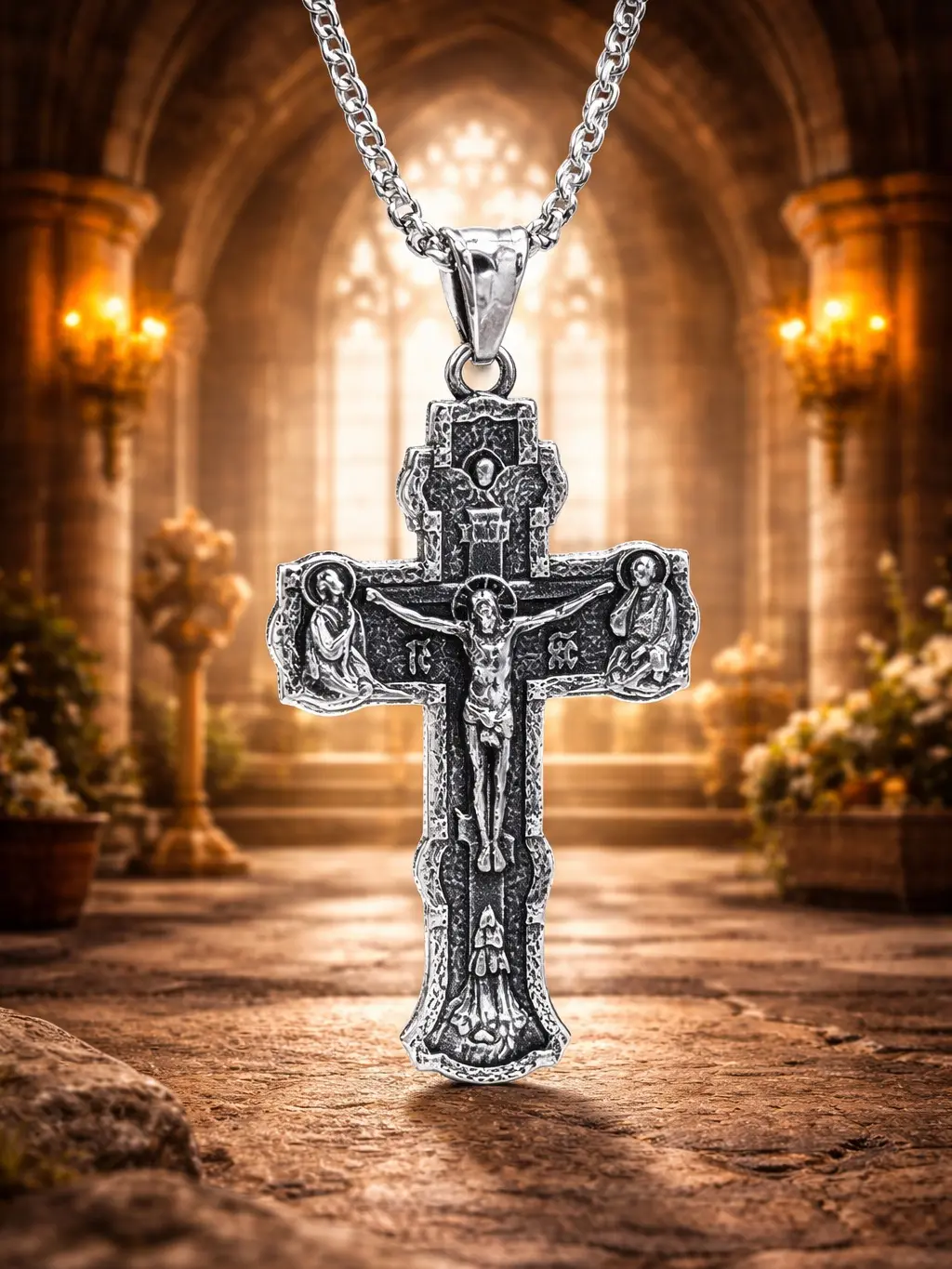 The Armored Kingdom 316L Stainless Steel Crucifix Cross Pendant Necklace, 52mm x 30mm Double-Sided Sacred Inscription Icon, 60cm Long Chain Link Necklace, Unisex Faith Symbol Daily Jewelry, Chain Link Necklaces