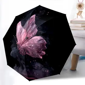Pink Butterfly Printed New Universal Umbrella, Automatic Folding Umbrella, Portable Foldable Design Travel Umbrella, Outdoor Umbrella, Black Friday, Christmas, Birthday Gift D705