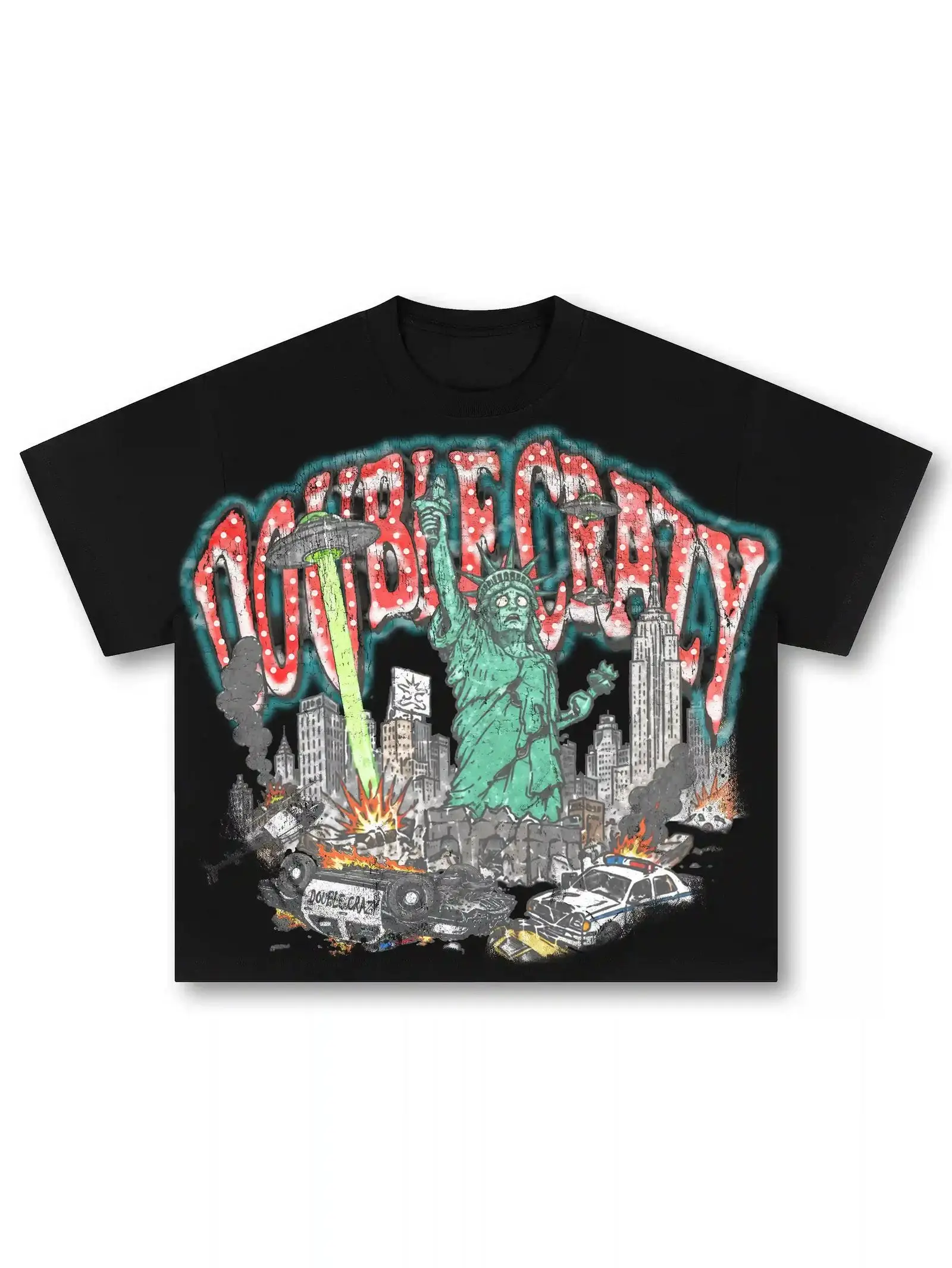 Y2K Grunge Streetwear Statue of Liberty Graphic Tee Oversized Unisex Short Sleeve Black T-Shirt, 100% Premium Heavyweight Cotton, Vintage Wash Aesthetic Retro Punk Graphic Tee Gift