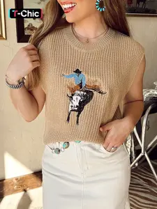 Summer Women's Leather Western Style Denim Embroidered Animal Round Neck Ribbed Sleeveless Fitted Sweater Vest, Casual Chic Fashion Top
