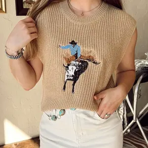Summer Women's Leather Western Style Denim Embroidered Animal Round Neck Ribbed Sleeveless Sweater Vest, Casual Fashion Top