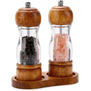 Wooden Salt and Pepper Grinder Set with Tray - 6.3 Inch Refillable Manual Pepper Mill & Sea Salt Grinder, Acrylic Window, Adjustable Ceramic Rotor for Peppercorns, House Warming Gifts