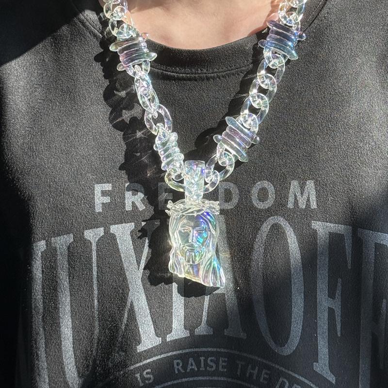 Jesus pendant necklace-​iridescent , transparency acrylic with a thick 3D Jesus carving, featuring premium gold plating for a metallic shine. Blends street style with religious symbolism. -TikTokShopBlackFriday, unisex design.-Christmas gifts
