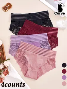 【Plus Size】 Contrast Lace High Waist Panty, Soft Comfy Breathable Knicker for Daily Wear, Women's Underwear for All Seasons, Lace Trim Panty, Lace Fitted Panty