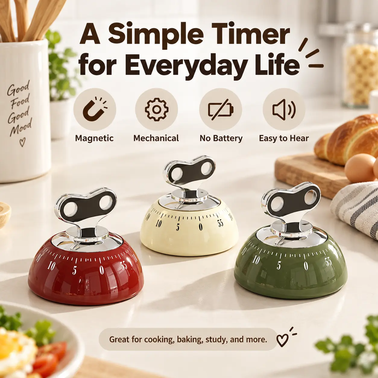 Magnetic Kitchen Timer, Luxury Mechanical Wind-Up Countdown Timer, Stick on Fridge & Countertop, No Battery Needed, Visual 60-Minute Cooking Timer