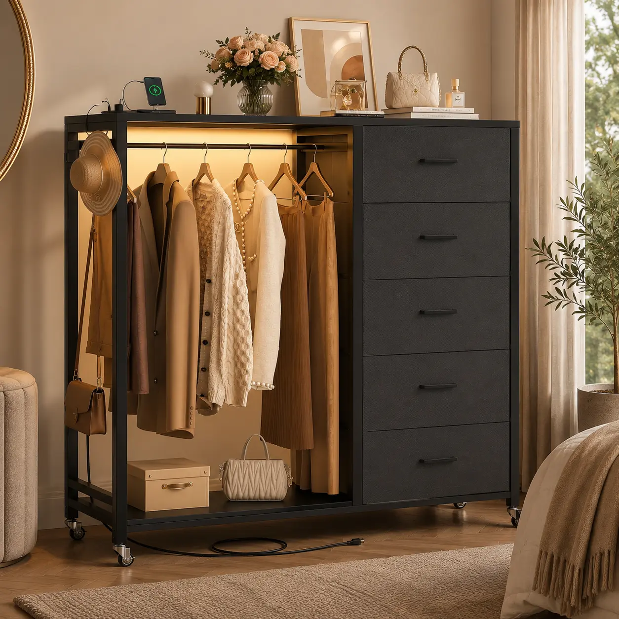 Homieasy 5 Fabric Drawers Dresser with Hanging Rack, Dresser with Clothes Rack, Wooden Top Storage Chest of Drawers with Charging Station & LED Lights, Lockable Wheels