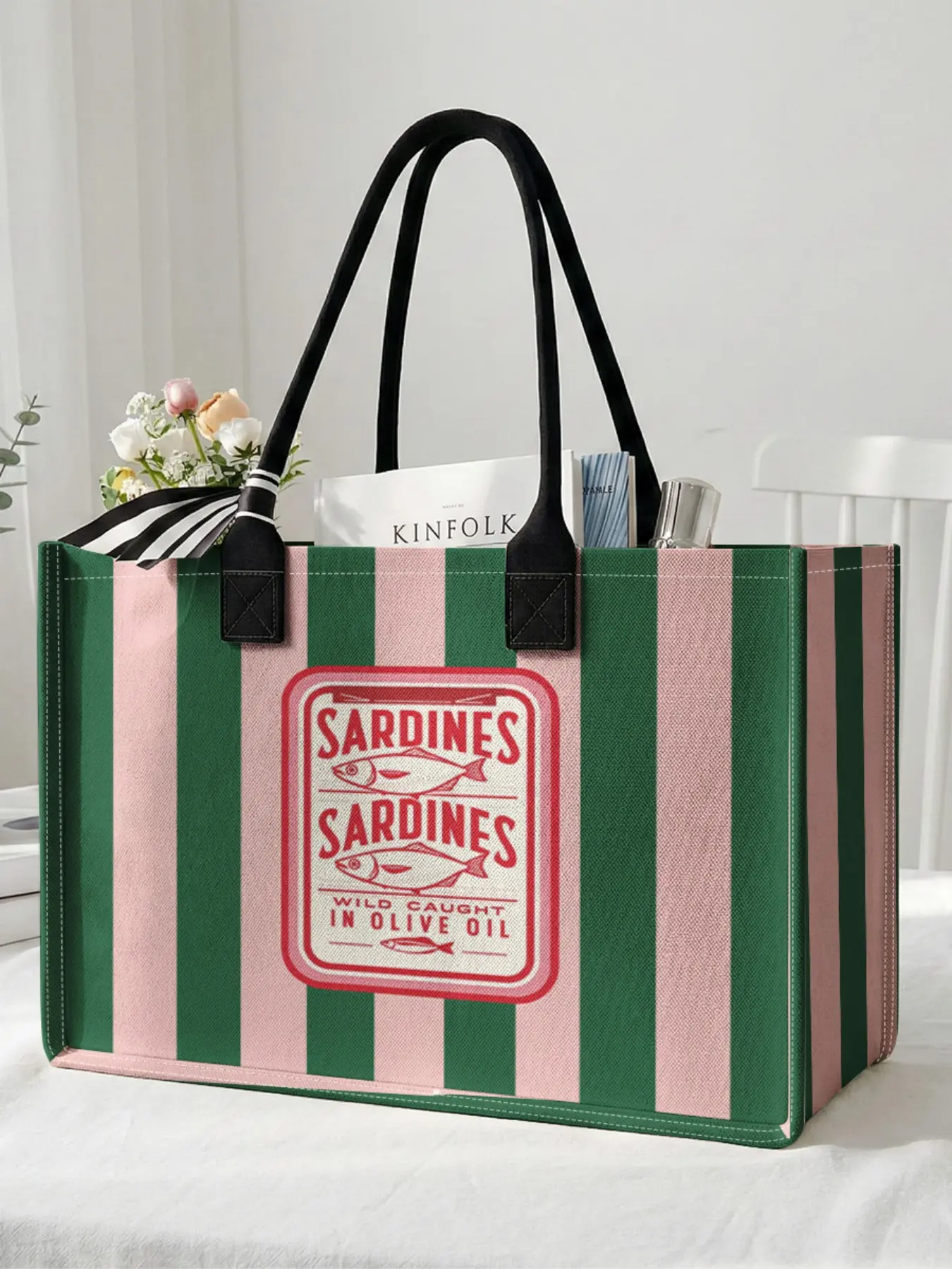 1 piece of sardine can pattern + striped background 2D printed large capacity storage bag, extra large storage bag, sturdy handle, space-saving multi-purpose, suitable for use at school, on business trips, and shopping