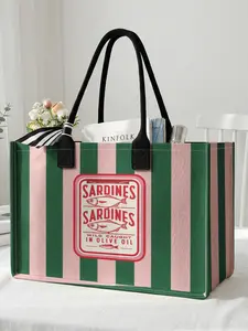 1 piece of sardine can pattern + striped background 2D printed large capacity storage bag, Shopping Bag, Reusable Shopping Bags, sturdy handle, space-saving multi-purpose, suitable for use at school, on business trips, and shopping