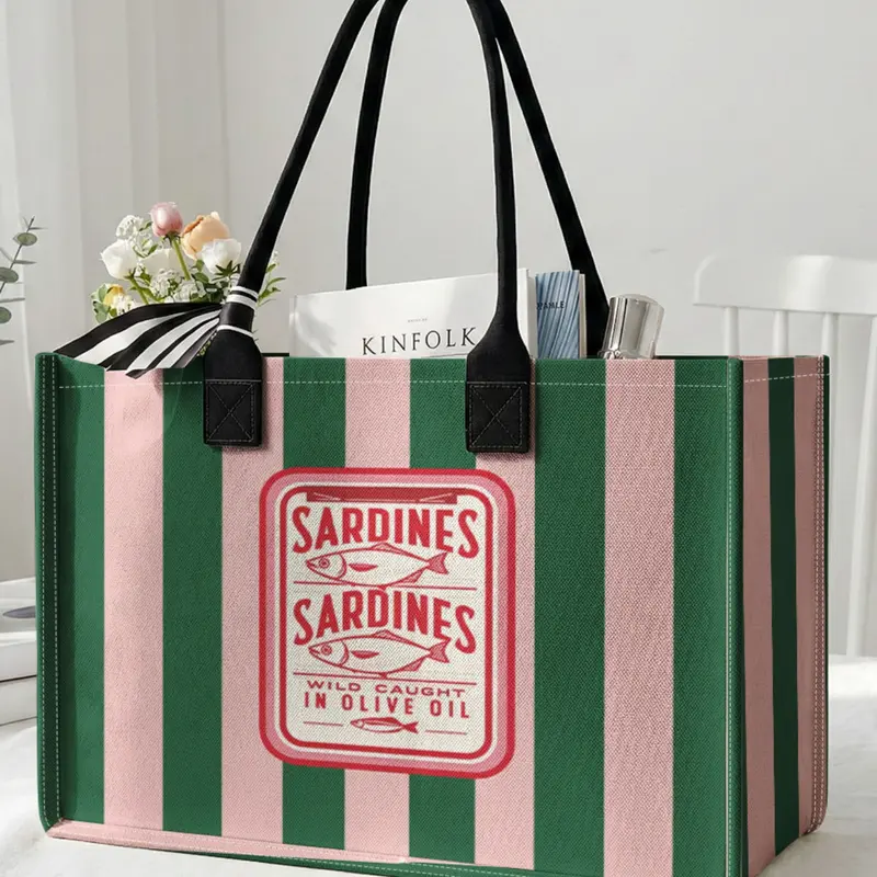 1-Piece Sardine Can Print Striped Tote Bag, Extra-Large Capacity Multipurpose Storage Bag with Sturdy Handles for School, Business Trips and Shopping, Reusable Bags with Handles