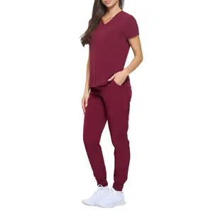 Natural Uniforms Women’s Jogger Scrub Set Stretch Medical Uniform V-Neck Top & Pants Soft Breathable Nurse Workwear