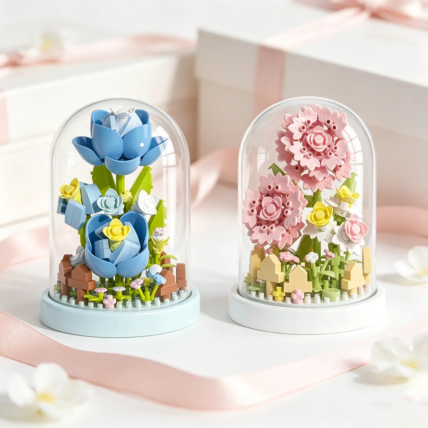 2-Pack Cute Micro Carnation Botanical Building Toys - Eternal Blue Flower Block Set with 2.85x2.85 Inches Base, Display Dust Cover, Ideal 12+ Graduations, Mother’s Day, Valentine’s Day Gifts for Teen Girls