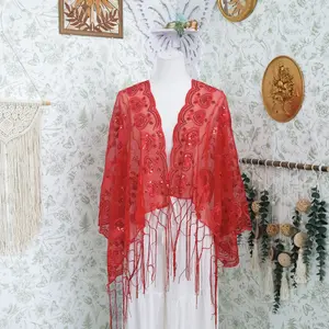 Witchy Peacock Embroidered Sequin Shawl – Sheer Lace Fringe Scarf/Wrap, Boho Gothic Evening Cover-Up, Sparkly Mesh Bohemian Scarf, Boho Cape