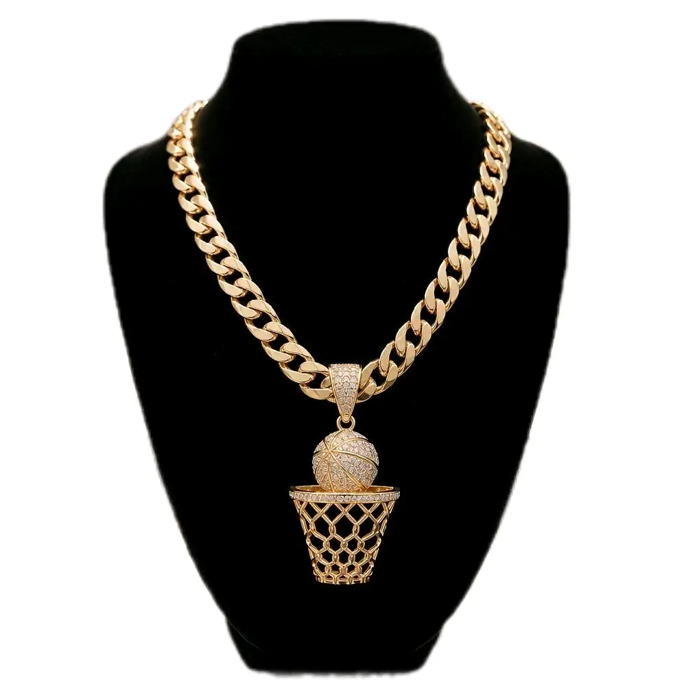 Men's 14k Gold-Plated Figaro Necklace, 21in High-Quality Chain with Basketball Pendant