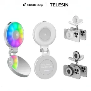 TELESIN Foldable Magnetic Mirror Selfie Light for Phones, LED Ring Light with MagSafe, Mirror & Phone Stand, Rechargeable Three Color Fill Light for Makeup,Live Streaming,Photography, Compatible with iPhone 17,Deals For You Days