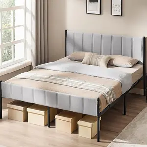 VASAGLE Bed Frame with Upholstered Headboard, Metal Bed Frame, Steel Slats,  Easy Assembly, No Box Spring Needed